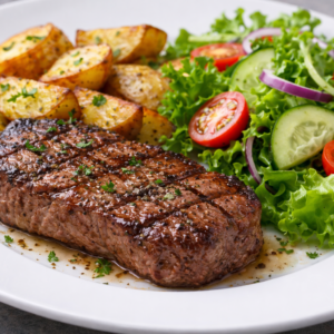 Steak de vită cu cartofi la cuptor și salată asortată